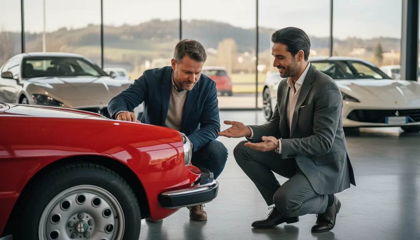 Nederlandse koper die een Italiaanse auto inspecteert op het terrein van een Italiaanse autohandelaar met zonnige omgeving