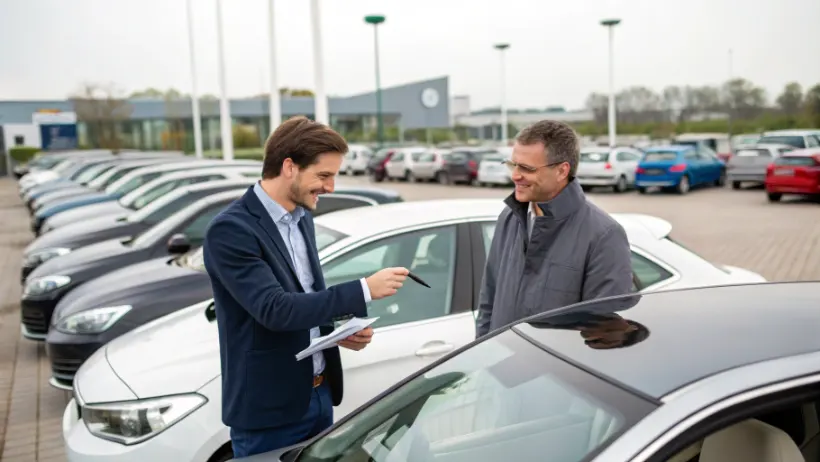 Belgische autohandelaar toont een gebruikte auto aan een Nederlandse koper op een autodealerterrein met meerdere voertuigen op de achtergrond