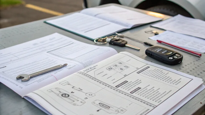 Onderhoudsboekjes en service documenten van auto uitgespreid