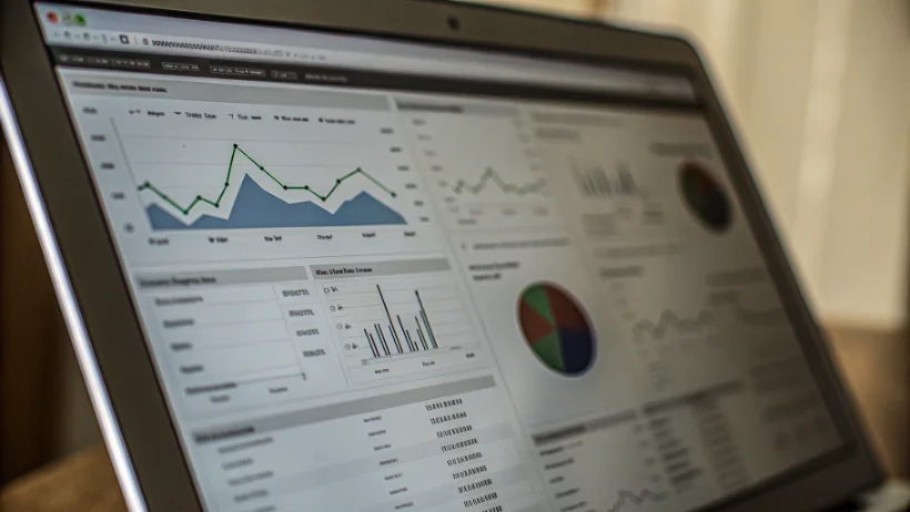 Computer scherm met data analytics dashboard en grafieken