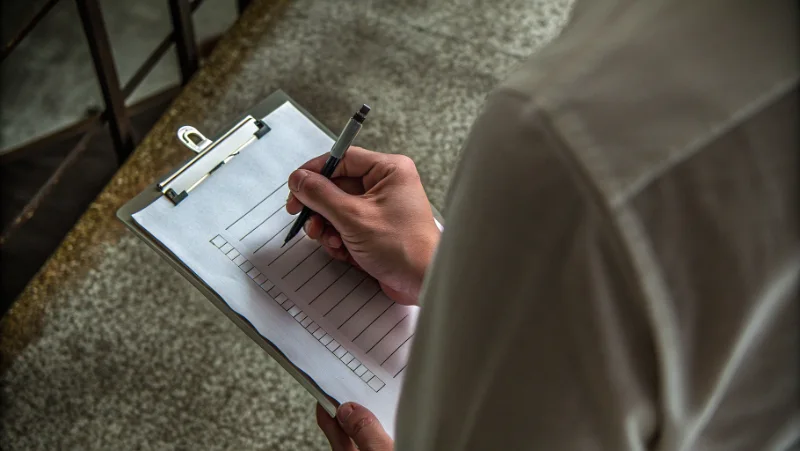 Persoon met pen en checklist maakt notities over beslissingen