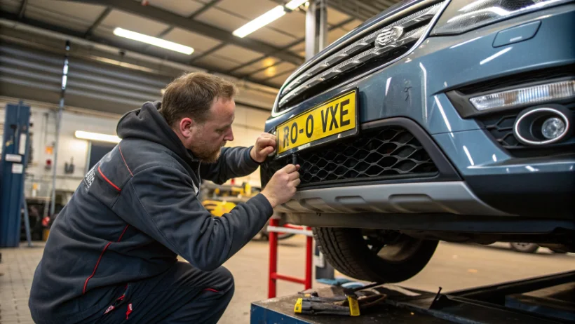 Monteur installeert Nederlandse kentekenplaat op auto