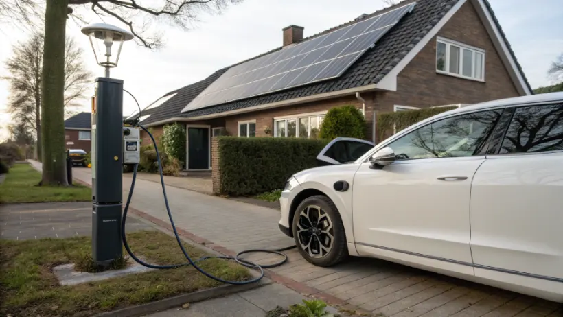 Witte elektrische auto aangesloten op een laadpaal op een Nederlandse oprit, met zonnepanelen zichtbaar op het dak van de woning op de achtergrond