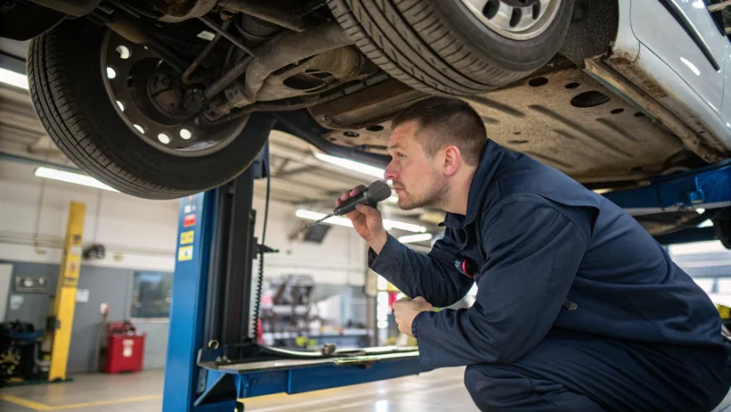Monteur inspecteert onderzijde van auto op hefbrug