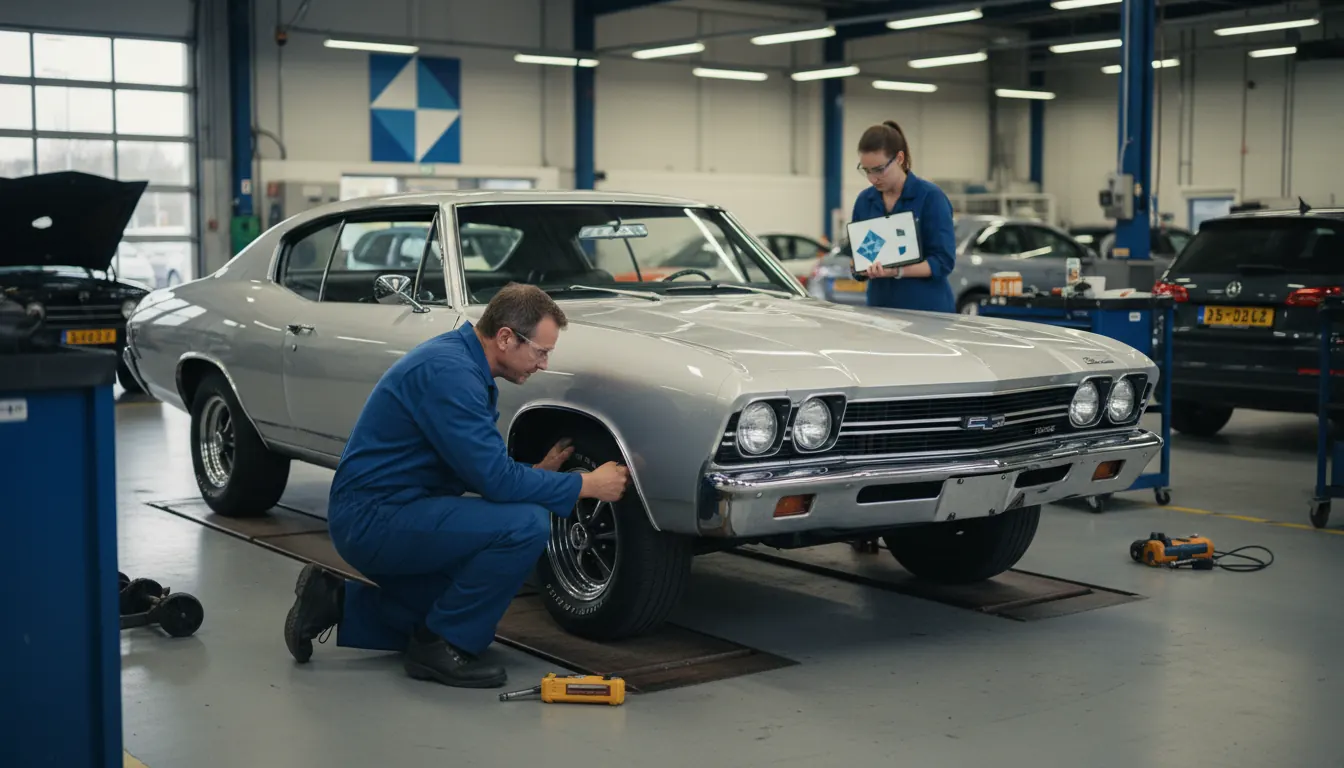 RDW-inspecteur die de voorkant van een geïmporteerde auto controleert bij een officieel keuringsstation in Nederland