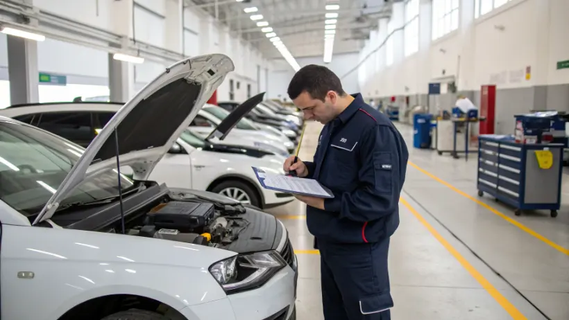 RDW-medewerker voert een technische keuring uit op een geïmporteerde Belgische auto in een keuringsstation